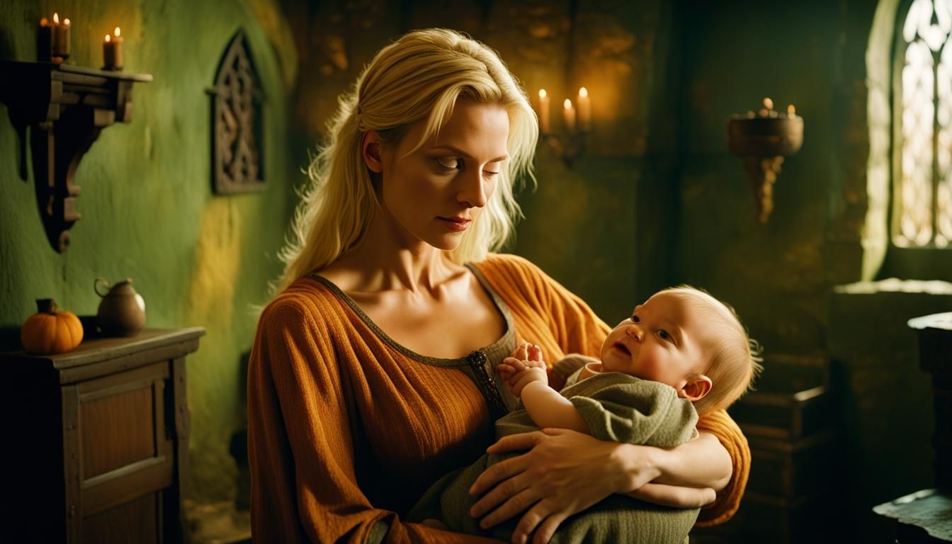Medieval Fantasy: Blond Woman and Baby in Nursery