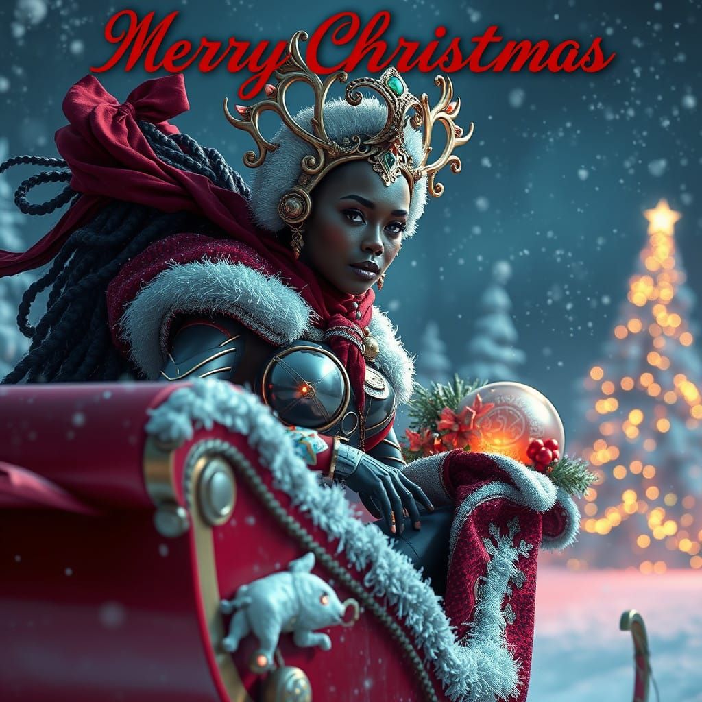 Cyberpunk Goddess on Majestic Christmas Sleigh in Meticulous...