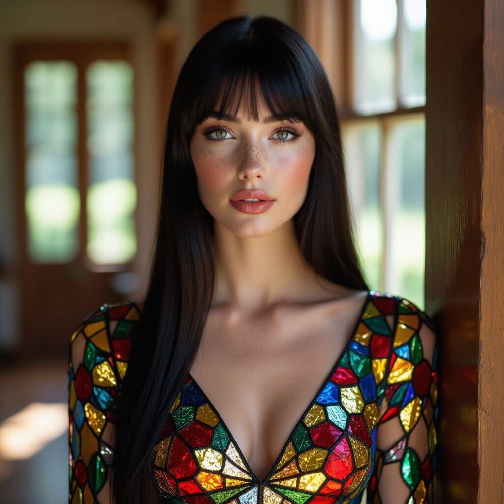Lady in Sparkling Stained-Glass Dress, Photorealistic Portra...
