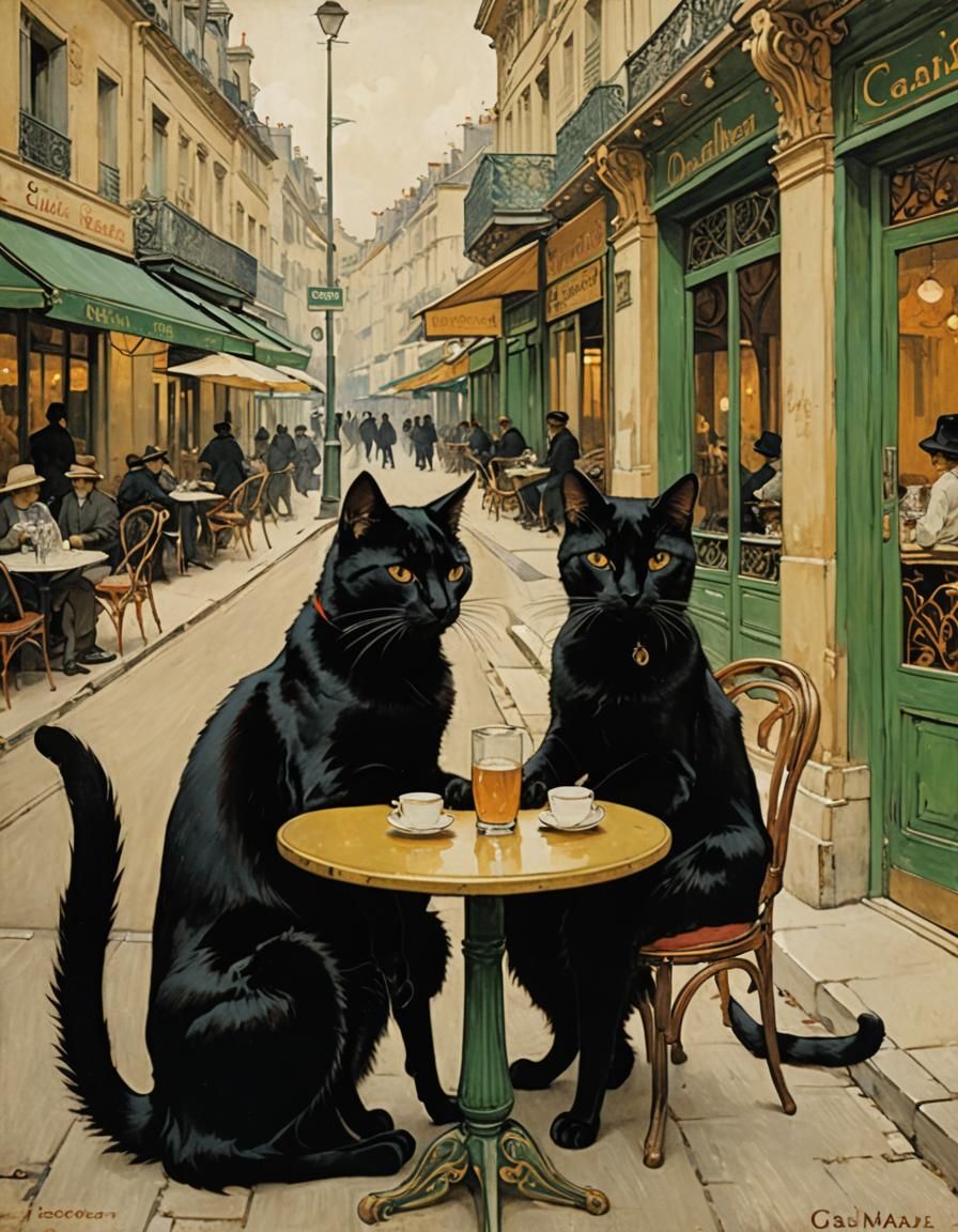Black Cats at Cafe: Art Nouveau Poster Style