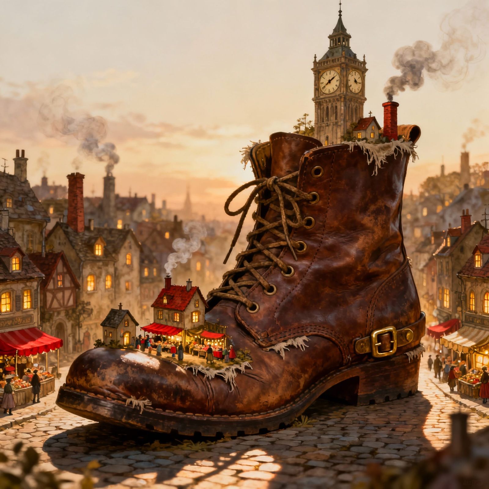 Whimsical City Nestled Inside a Giant Worn Boot