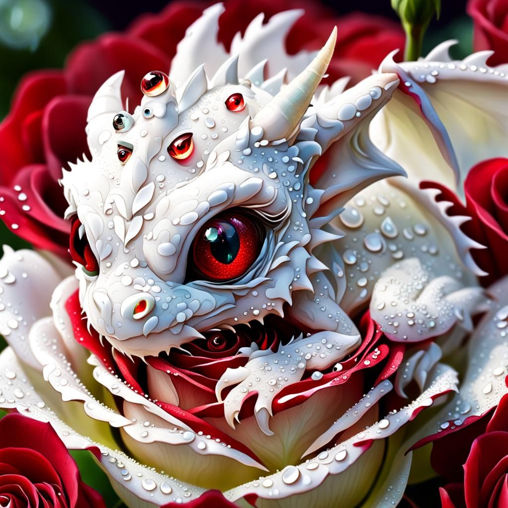 Baby Dragon Asleep in a Rose