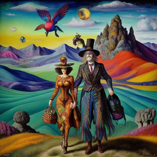 Travelers in Extravagant Landscape: Oil Painting Style