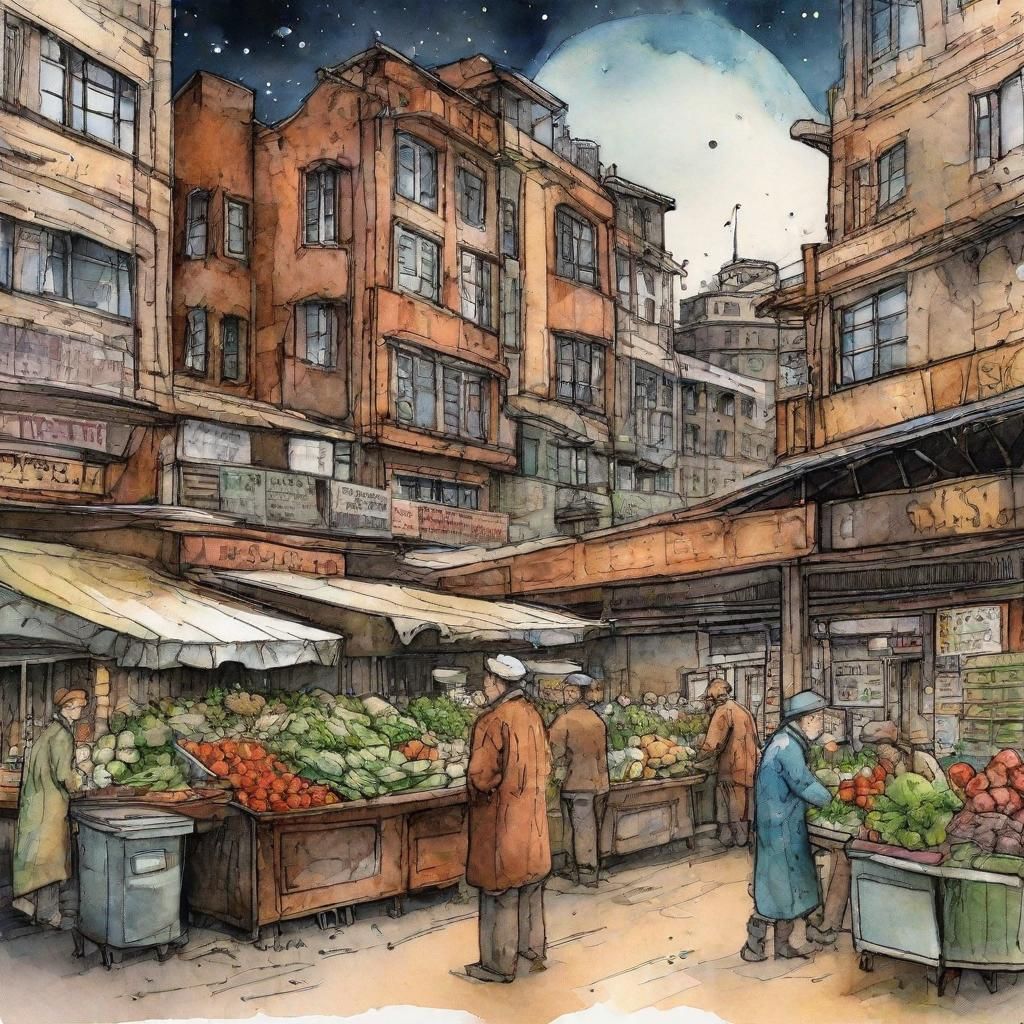 Vintage Vegetable Market on Futuristic Planet in Comic Style