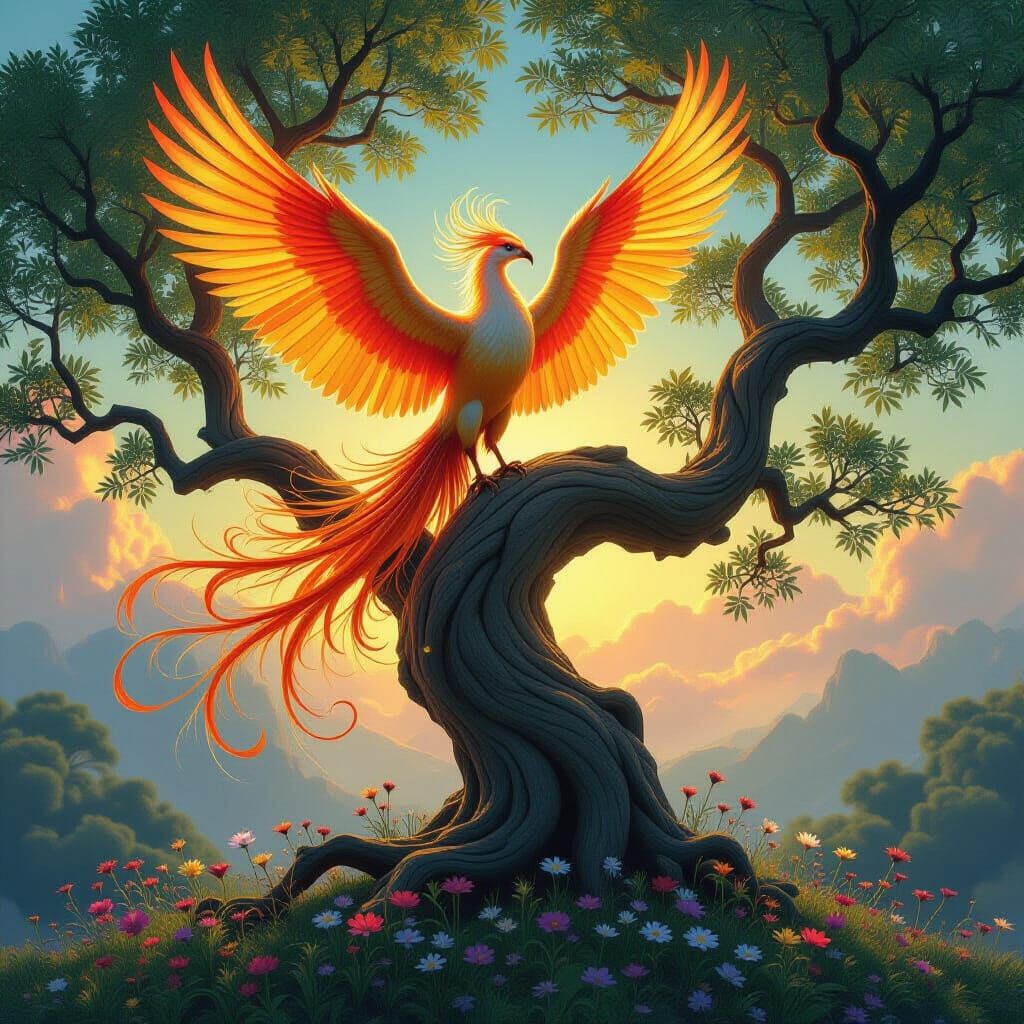 Phoenix Rebirth in Magical Realism Style