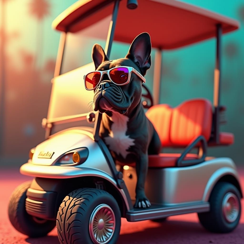 French Bulldog in Sunglasses on Golf Buggy