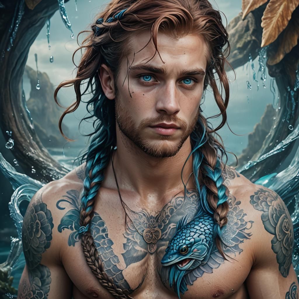 Merman Portrait with Braided Hair, Detailed Digital Painting