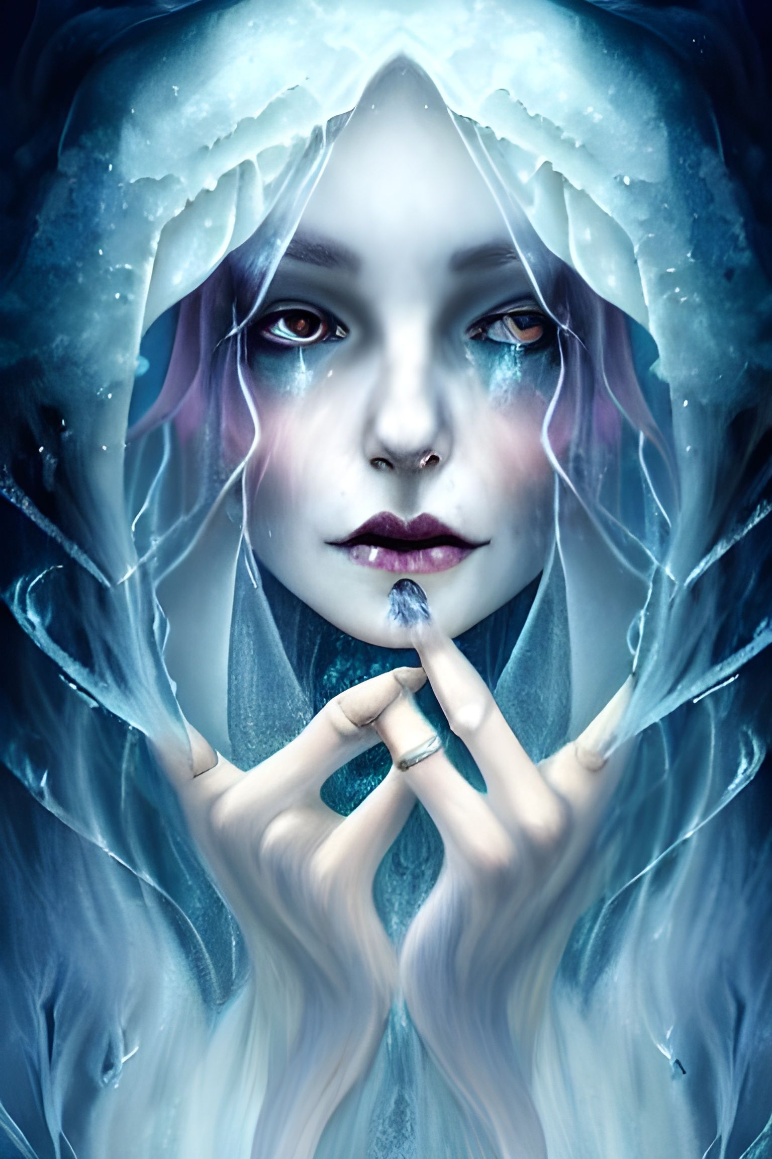 Haunting Witch Conjuring Icy Spell, Oil Painting