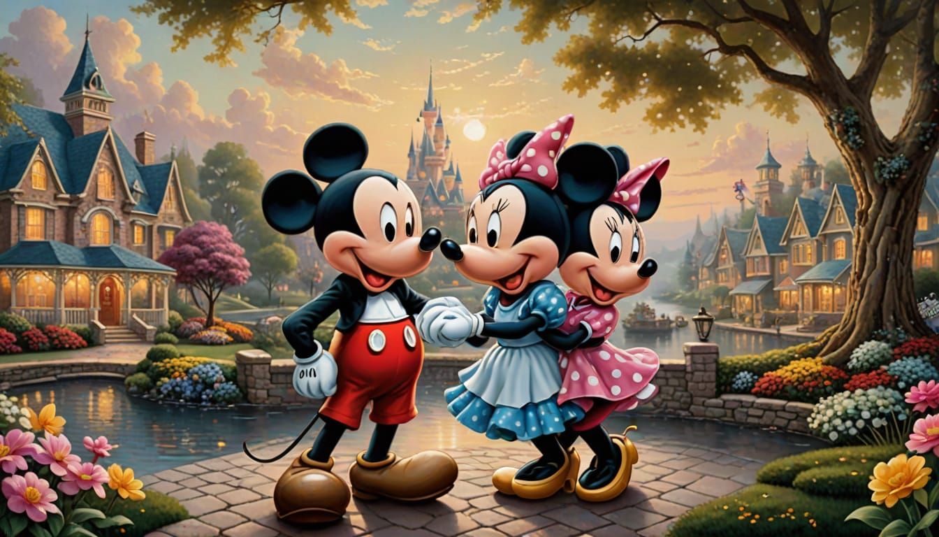 Mickey and Minnie Mouse in Thomas Kinkade Style