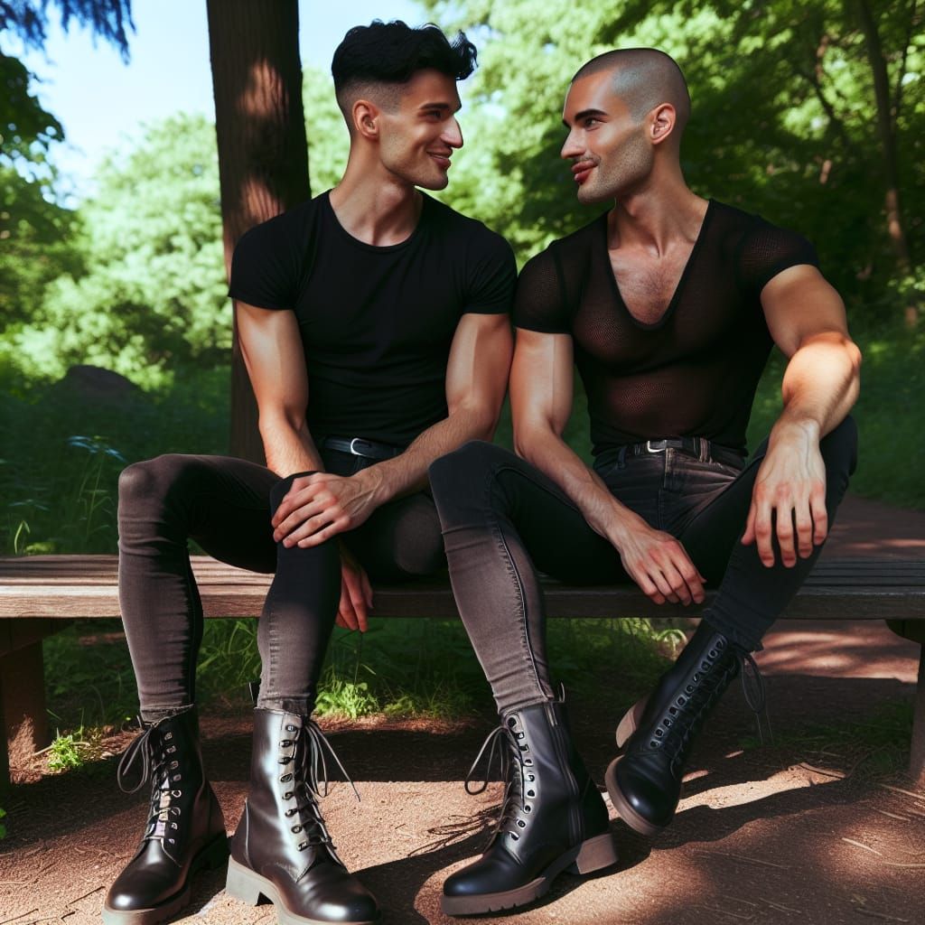 Handsome slender gay couple on a bench