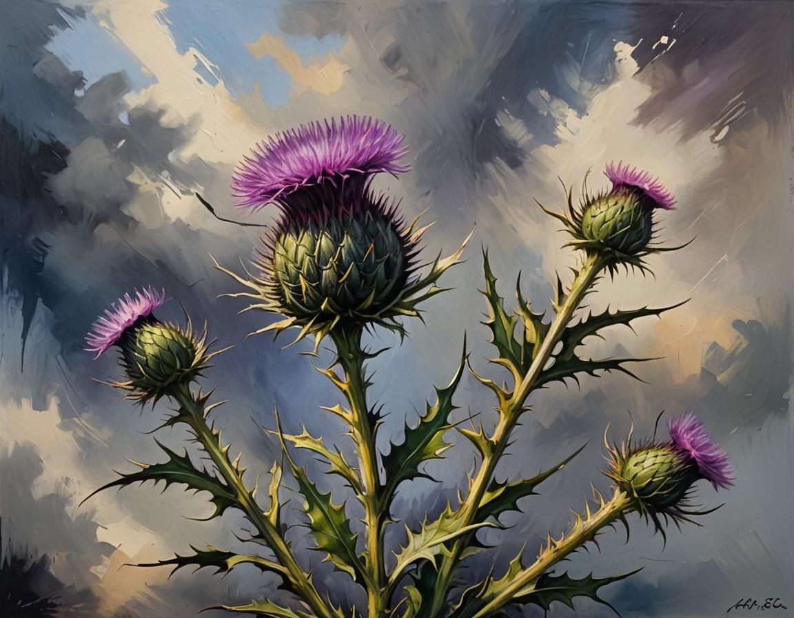 thistle, oil painting, stylized Scottish flag in background