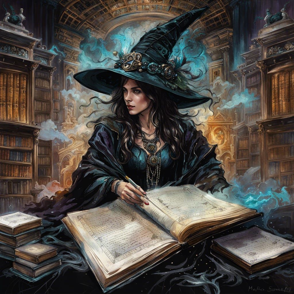 Roman Scribe Witch in Opulent Dark Fantasy Library