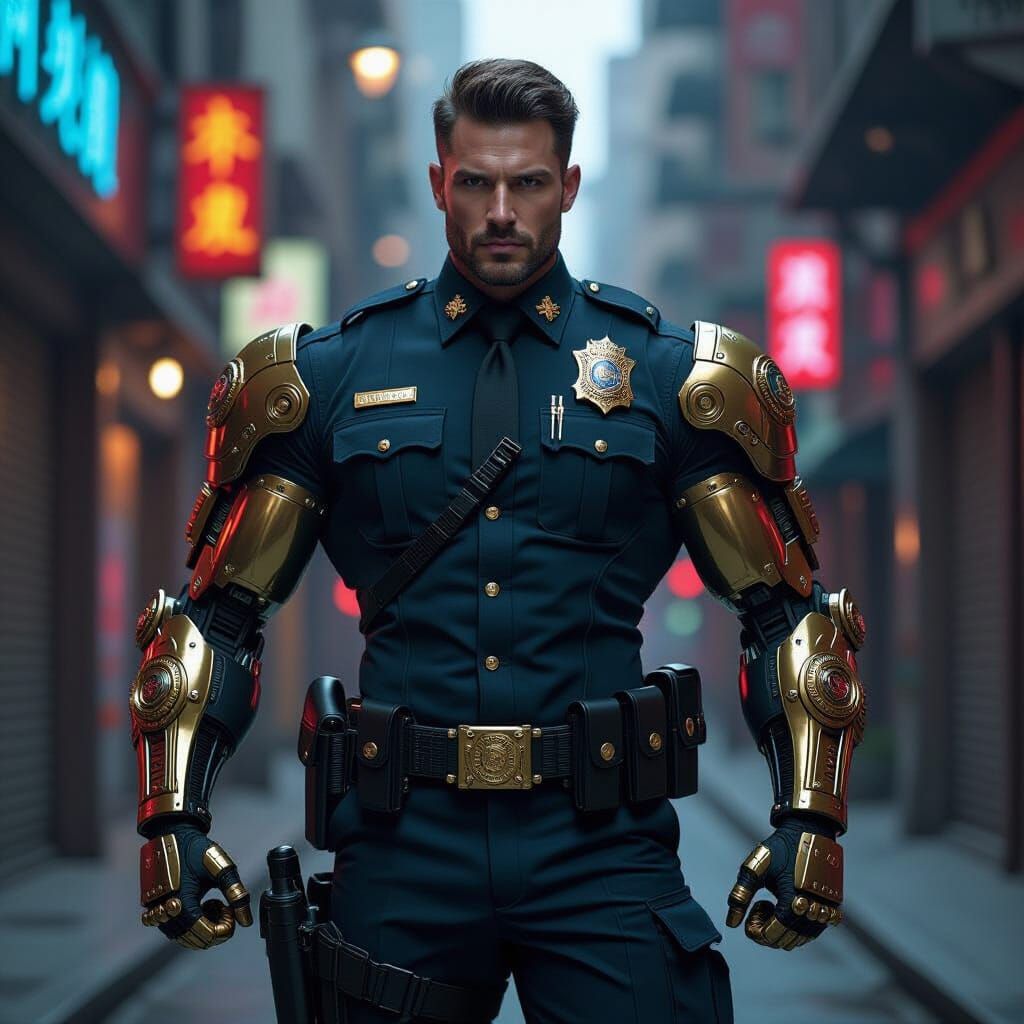 Tactical Cyborg Detective in Futuristic City