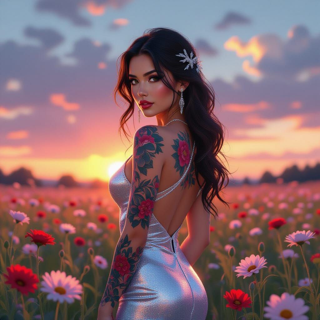 Vibrant Tattooed Woman in Glittering Dress at Sunset
