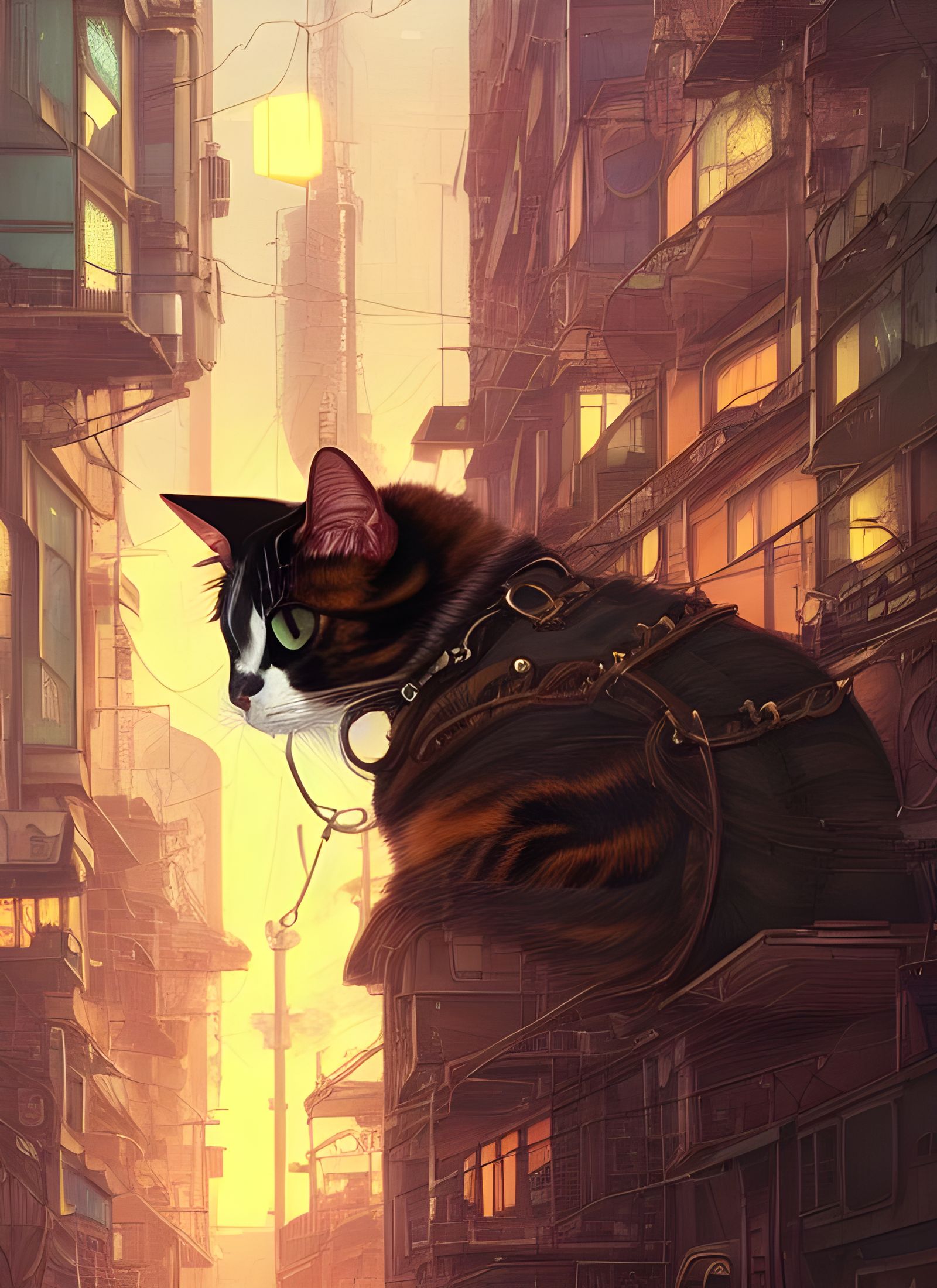 Steampunk Calico Cat Portrait in Cyberpunk City