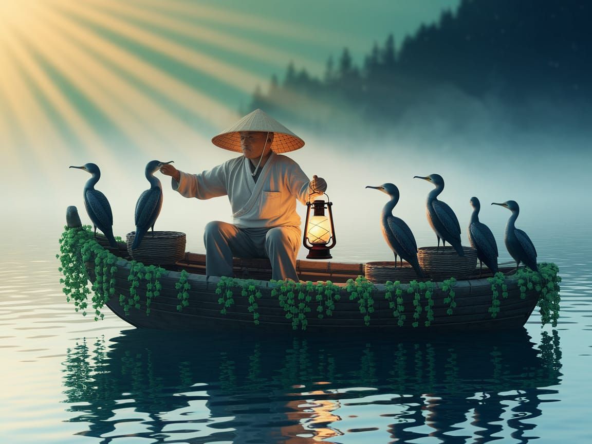 Mystical Fisherman at Midnight on a Vine Boat