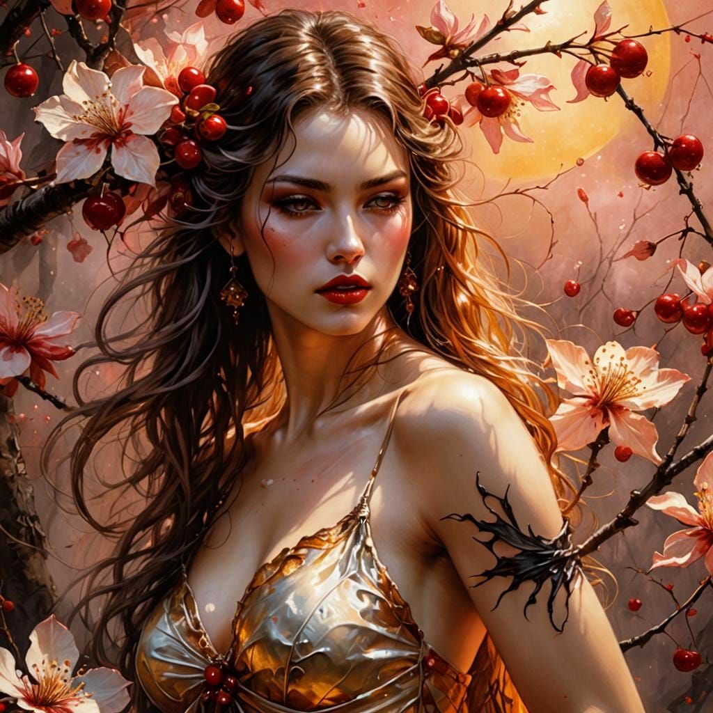 Cherry Blossom Woman: Surreal Metamorphosis in 8K