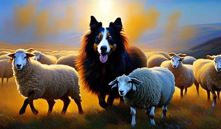 Shetland Dog Herding Sheep: Impressionist Style