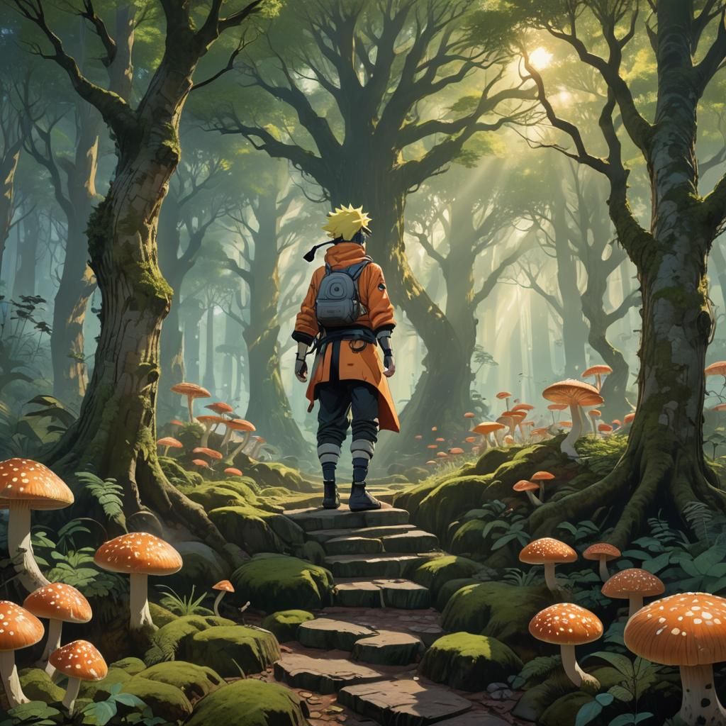 Naruto in Luminous Forest with Glowing Mushrooms