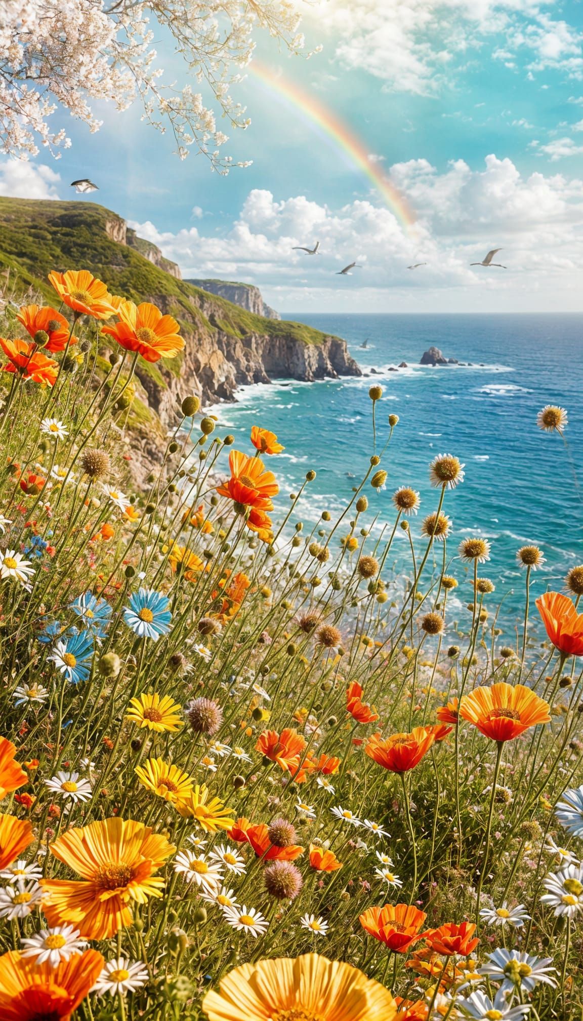 Coastal Cliff with Wildflowers and Rainbow in Soft Sunlight