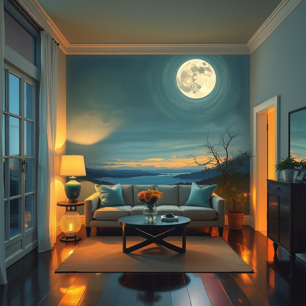 Dreamy Twilight Interior in Expressionist Style with Neon Ac...