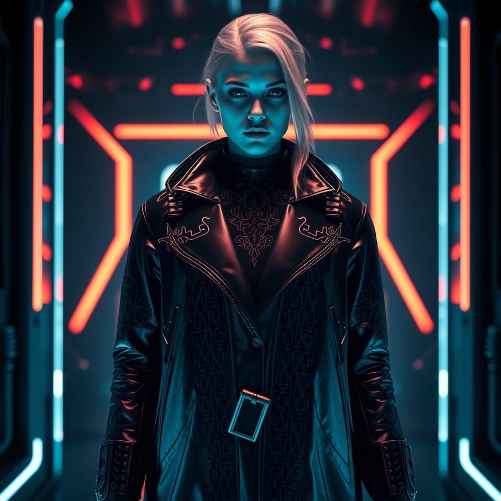 Female Soldier in Metallic Coat with Etched Patterns