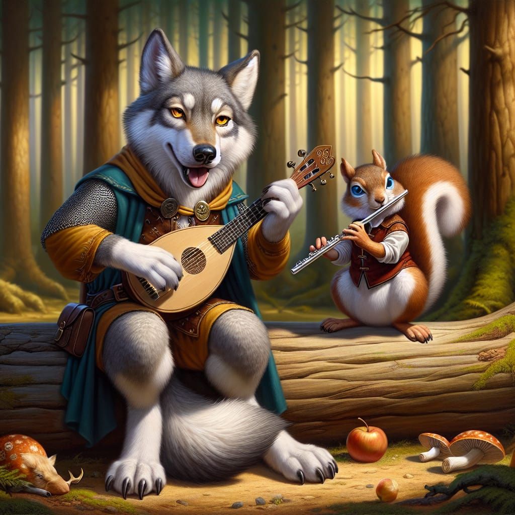 Musical Bards: Wolf and Squirrel in Forest Scene