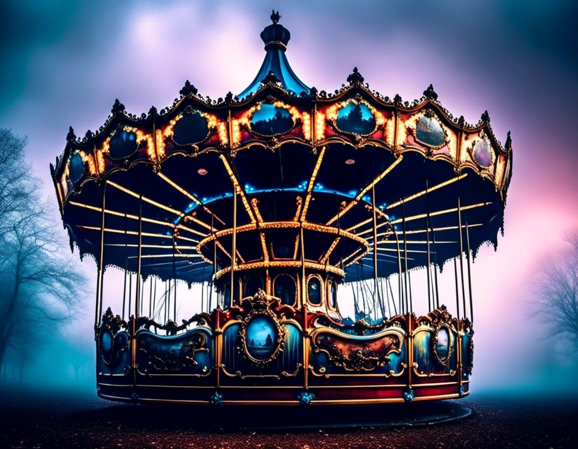 Gothic Abandoned Theme Park Carousel in Vivid Colors