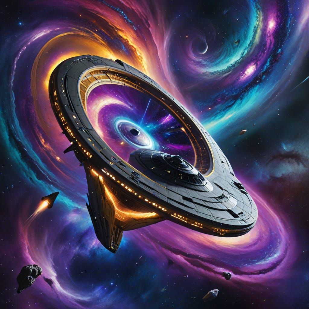 Majestic Swirling Galaxy with Star Trek Spaceships