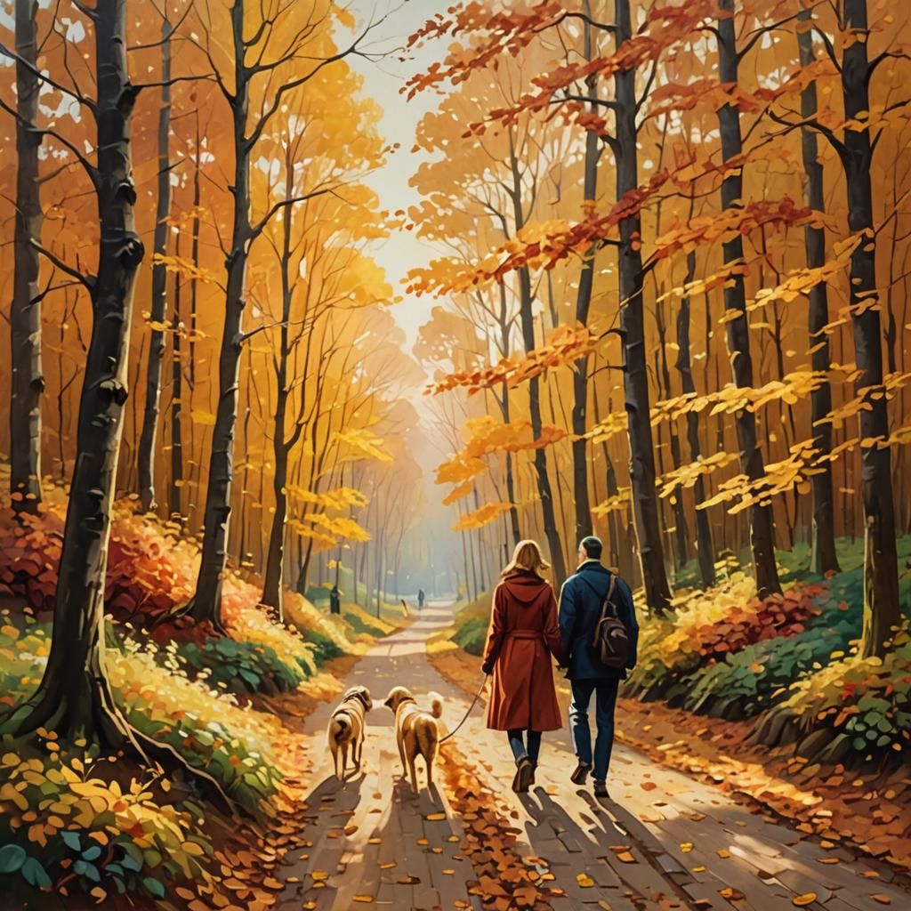 Couple Strolling Through Golden Autumn Woods in Whimsical Oi...