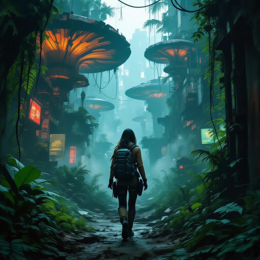 Woman Navigates Jungle Reclaiming Cyberpunk City