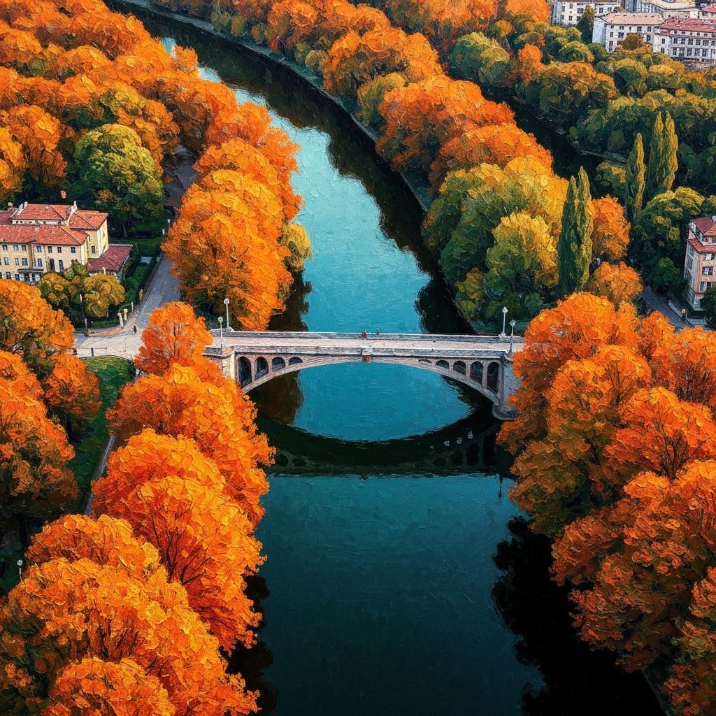 Impasto Autumn Bridge Over River in Glittery Colors