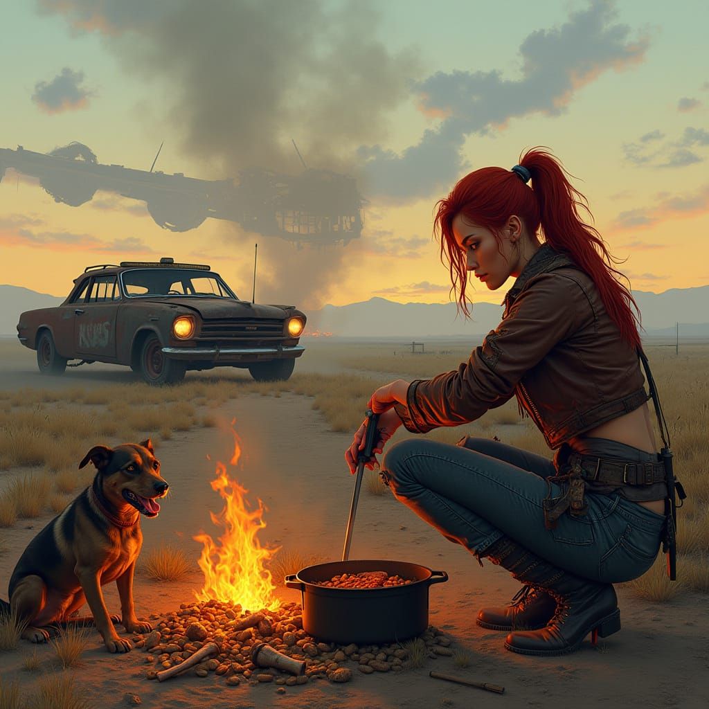 Scavenger Woman by Campfire in Post-Apocalyptic Landscape