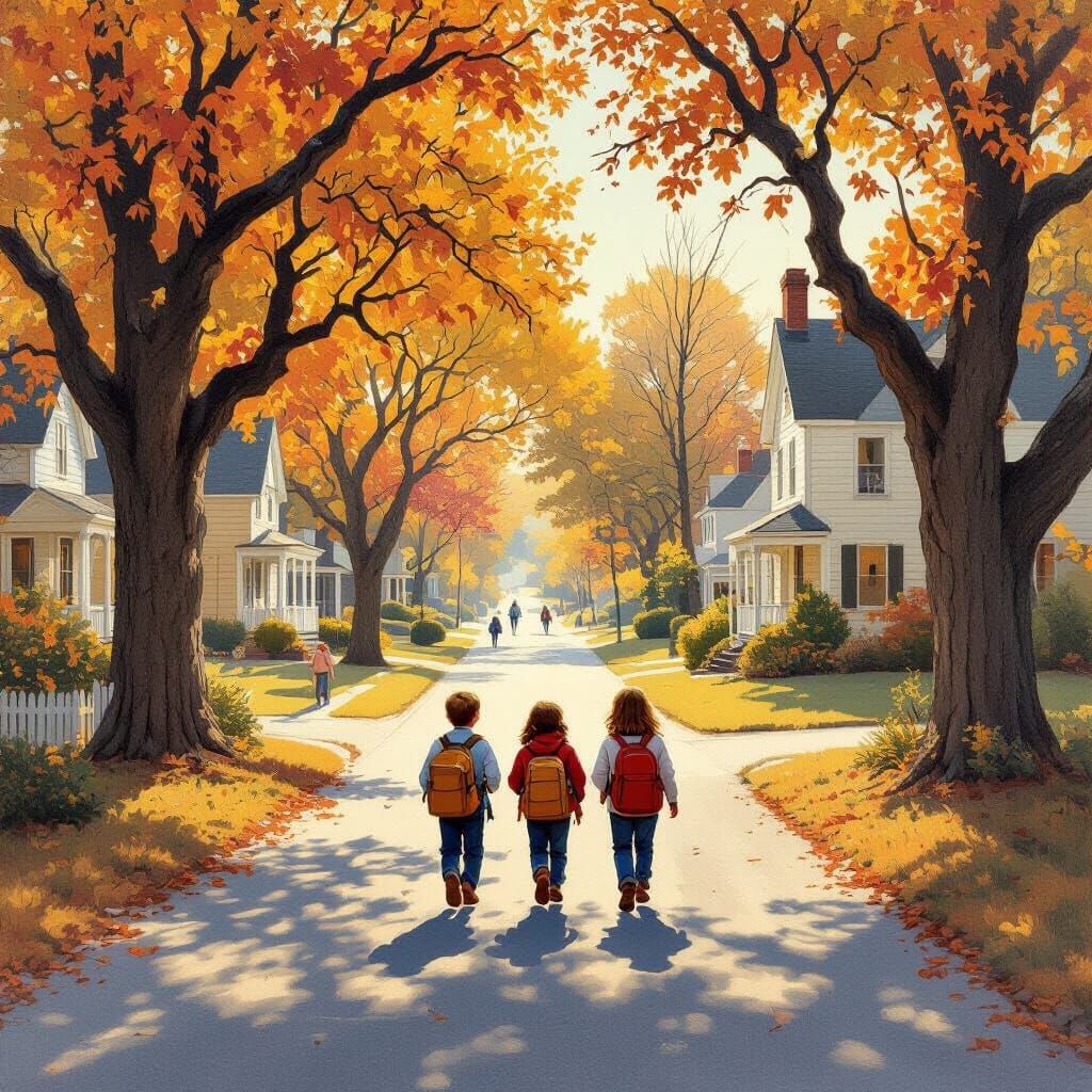 Nostalgic Autumn Scene of Children Walking to School