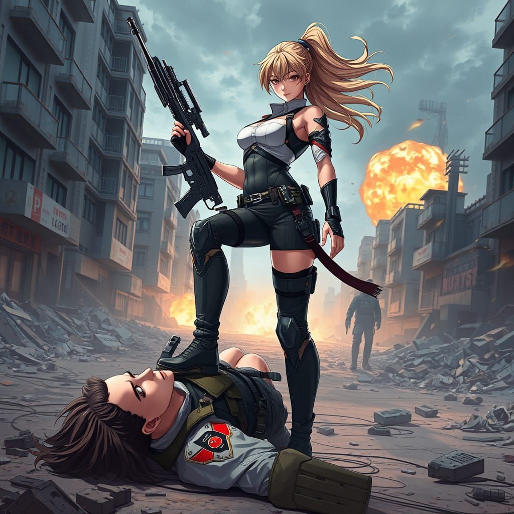 Triumphant Female Warrior in Devastated Modern Battlefield