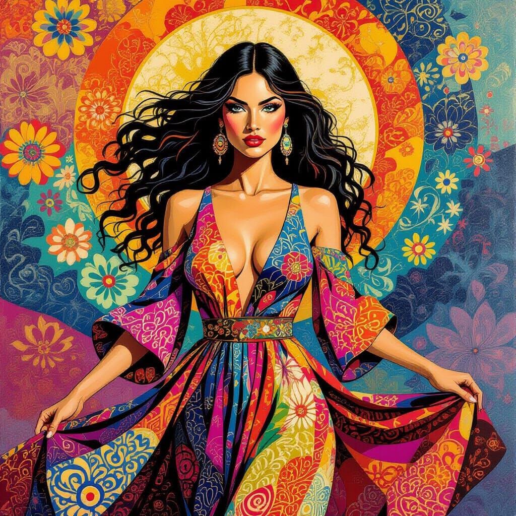 Psychedelic Woman with Fierce Expression in Pop Art Style