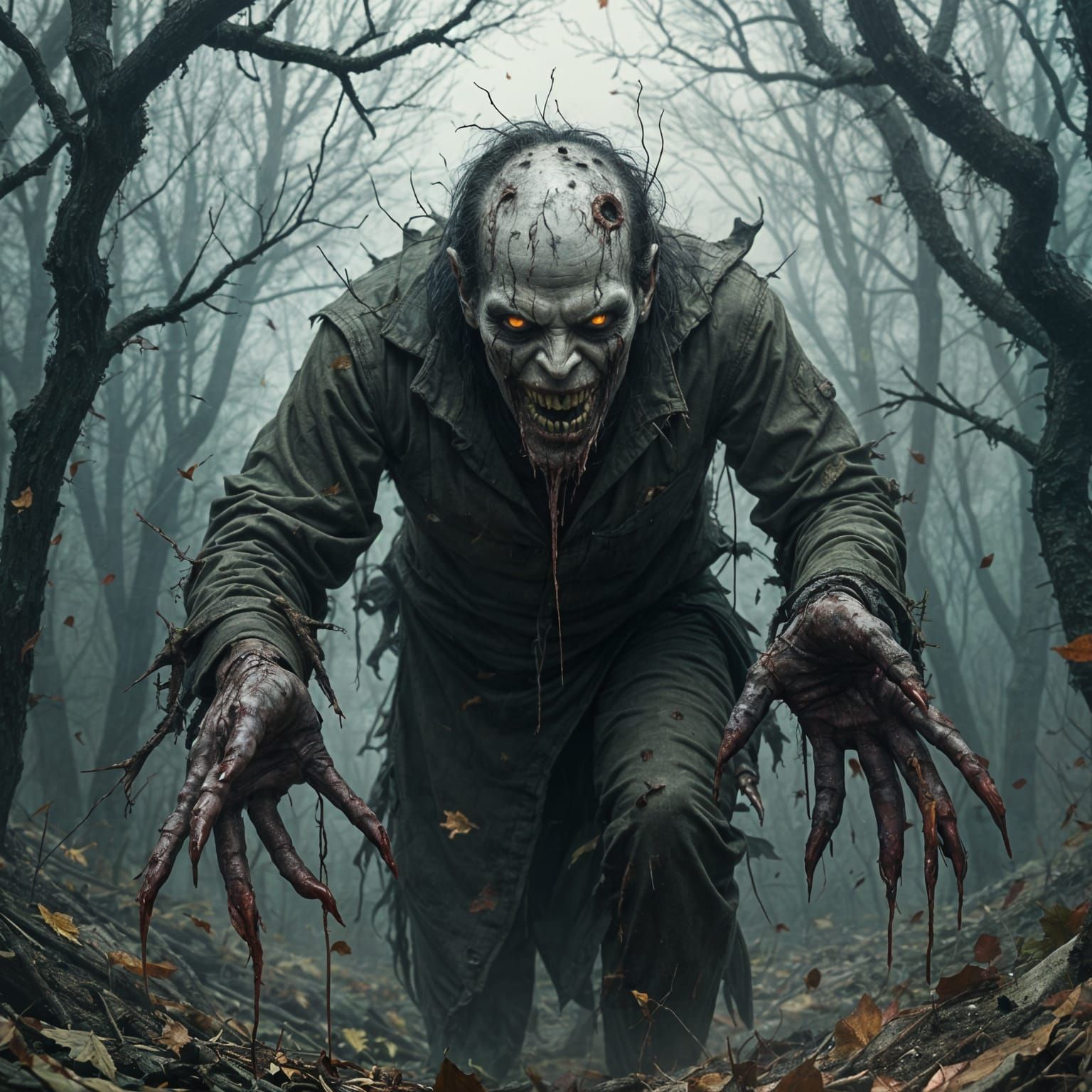 Eerie Zombie Prowls Misty Park in Hyperrealistic Style