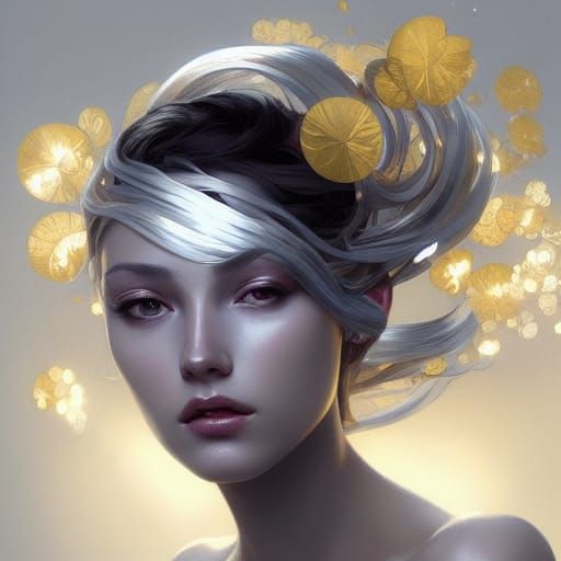 Gold and Silver Petal Portrait in Digital Art Style