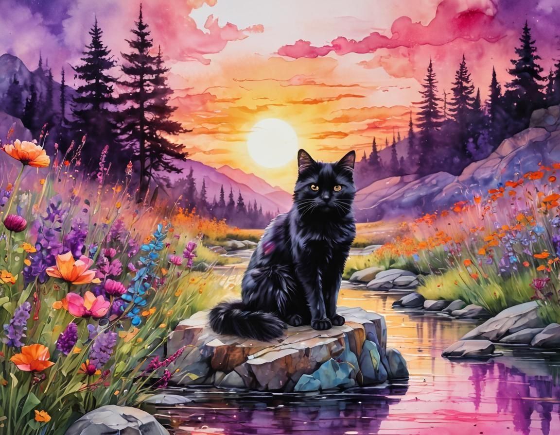 Cute Black Cat at Sunset: Vintage Alcohol Ink Art