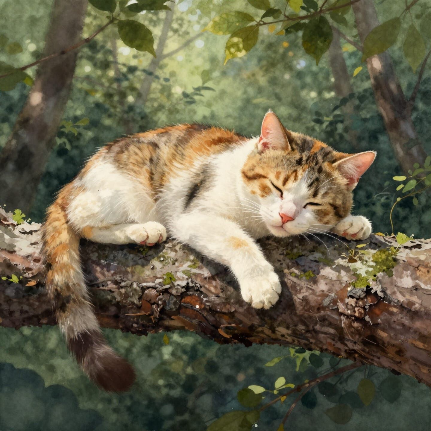 Peaceful Calico Cat Sleeps in Forest Watercolor