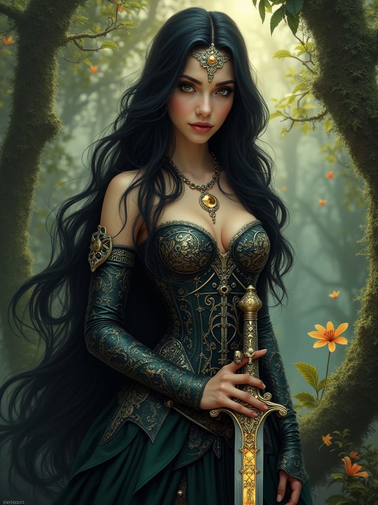 Beautiful Queen with Sword in Art Nouveau Style