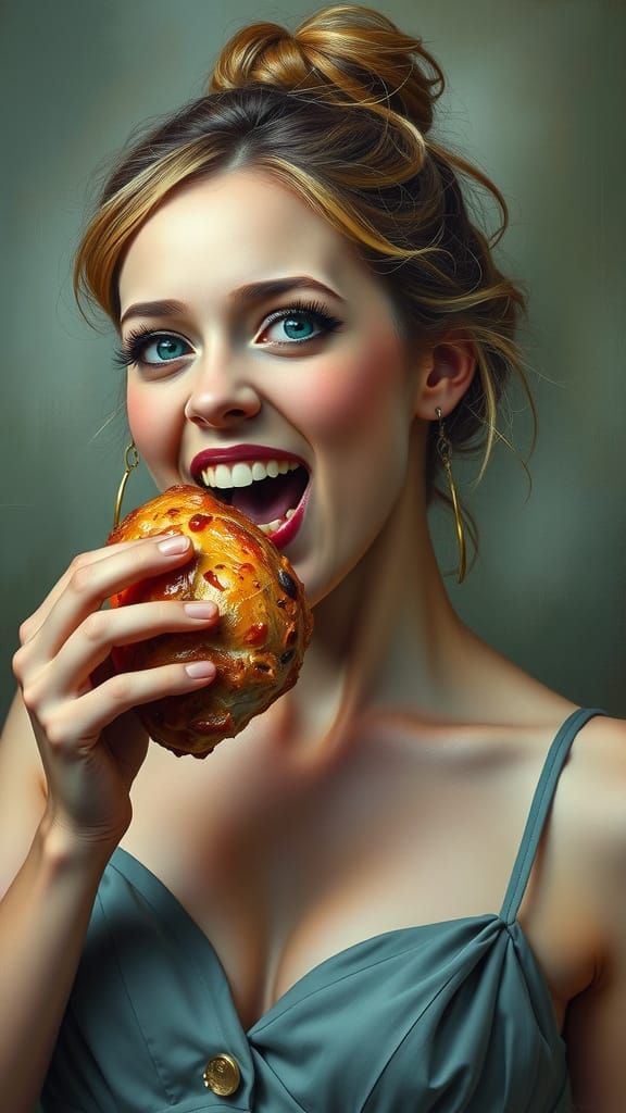 Elegant Woman Ecstatically Eating Chicken
