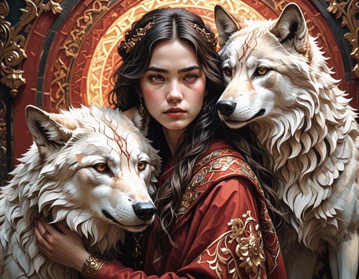 Woman and Wolf in Richly Detailed Neo-Expressionist Oil Pain...