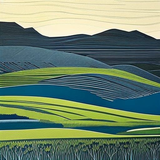 Linocut Landscape Print of a Countryside