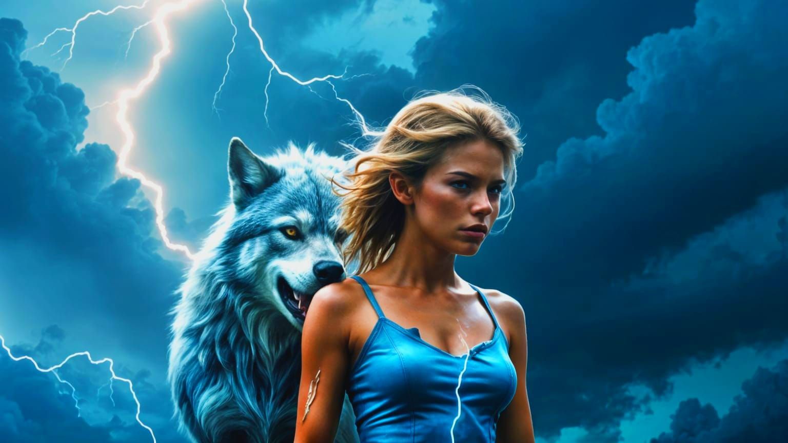 Werewolf Woman and Stormy Sky Double Exposure