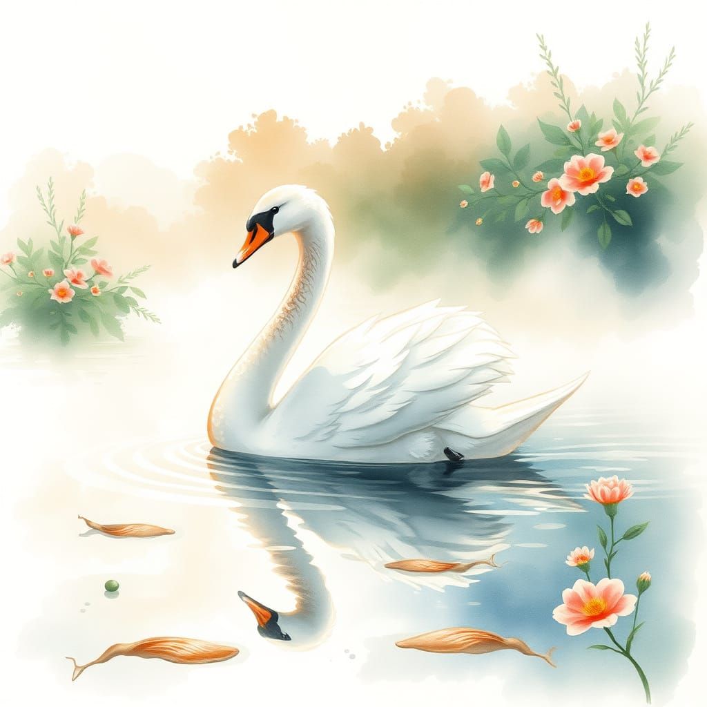 Serene Swan in Japanese-Style Watercolor Landscape
