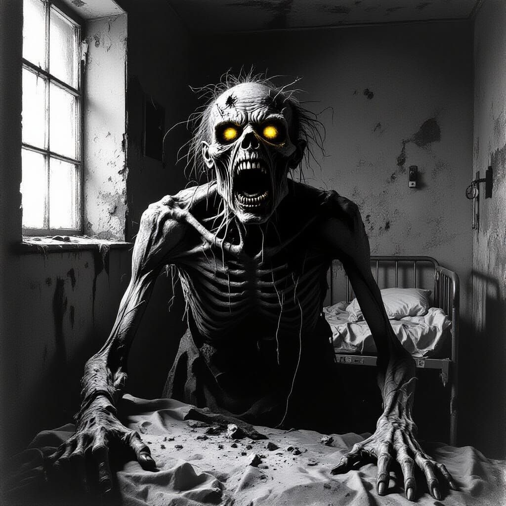 Emaciated Monster Screaming in Decaying Hospital Room