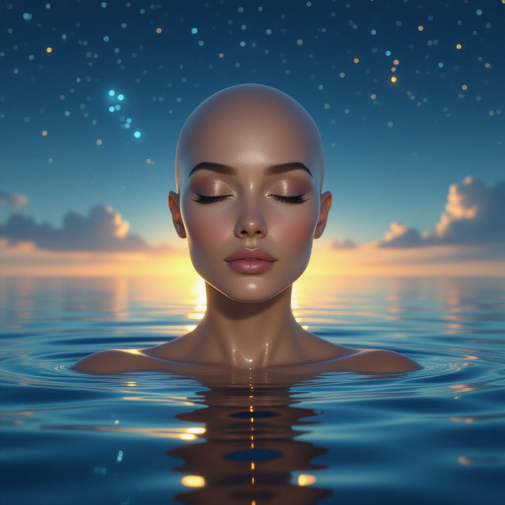Futuristic Bald Woman Emerges From Cosmic Water