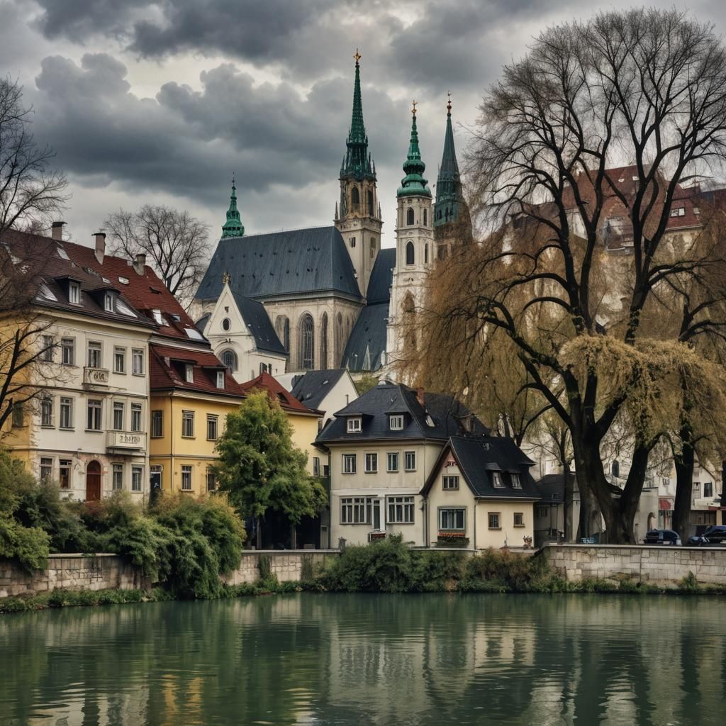 Vienna in Austria. Typical houses. River. Trees. Water colou...