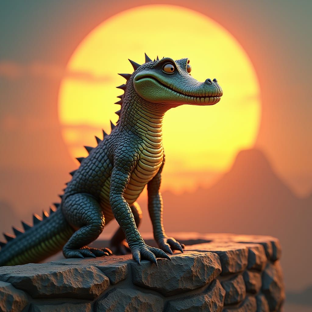 Majestic Crocodile on Ancient Wall in Digital Art Style
